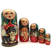 Load image into Gallery viewer, Unique Russian Nesting Dolls Hand Carved Hand Painted 5 Piece Set 7&quot; Tall Girl with a Puppy
