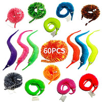 SHENGSEN 60 Pack Fuzzy Worm Toys String Pets Fuzzy Worms On String Bulk Trick Toy Party Favors for Kid Cat (12 Colors)