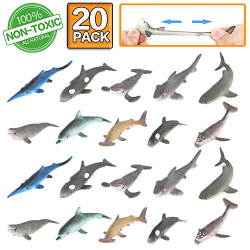 ValeforToy Shark Toy Figure, 20 Pack Rubber Bath Toy Set,Food Grade Material TPR Super Stretchy, Ocean Sea Animal Squishy Floating Bathtub Toy Party Favors,Realistic Shark Dolphin Whale Figure