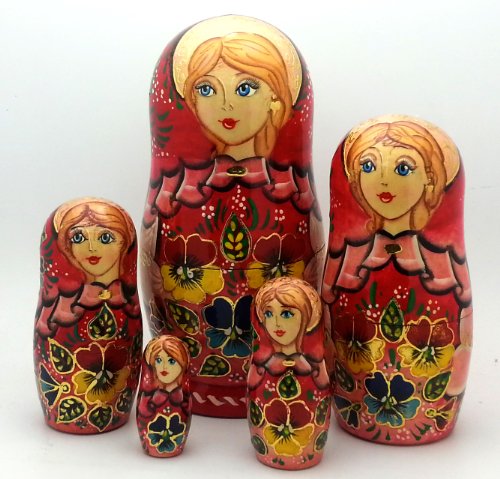 Russian Beauty Nesting Doll in Red 5 Pieces Set Hand Carved Hand Painted Babushka Doll
