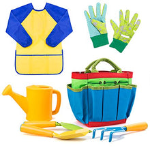 Load image into Gallery viewer, INNOCHEER Kids Gardening Tools, 7 Piece Garden Tool Set for Kids with Watering Can, Gardening Gloves, Shovel, Rake, Trowel and Kids Smock, All in One Gardening Tote

