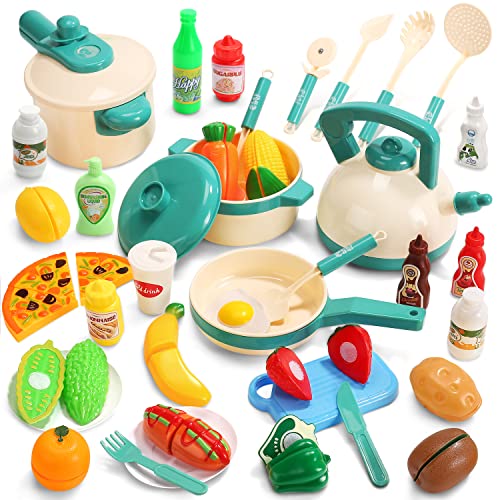 CUTE STONE 40PCS Kids Play Kitchen Accessories, Play Cooking Toys with Pots and Pans, Cutting Play Food Set and Cookware Utensils Kids Kitchen Playset for Boys Girls