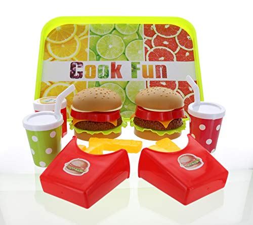 GiftExpress Double Cheeseburger - Hamburger Fast Food Pretend Play Set Cooking Play Toy for Kids with 2 Burger, 2 Fries, 2 Coke, Ketchup, and a Tray  Cheeseburger Kids Meal for 2