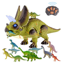 Load image into Gallery viewer, Remote Control Dinosaur Toys for Kids 5-7 with Dance/Fight Mode and 12 Dinosaur Figures Toys, RC Triceratops Walking Dino Toys for 3 4 5 6 7+ Years Old
