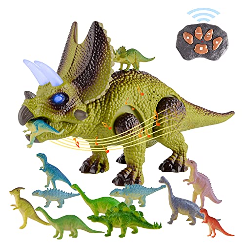 Remote Control Dinosaur Toys for Kids 5-7 with Dance/Fight Mode and 12 Dinosaur Figures Toys, RC Triceratops Walking Dino Toys for 3 4 5 6 7+ Years Old