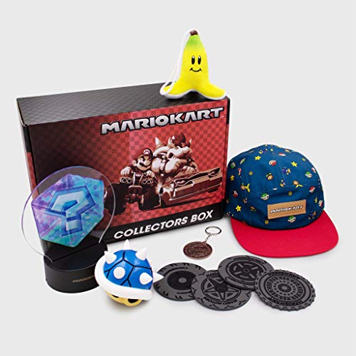 CultureFly Mario Kart Collector's Box | Comes Packed with 6 Exclusive Items: Blue Shell Figurine, Banana Peel Plush, Item Box LED Light, & More