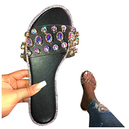 HIRIRI Slippers for Womens Wide Width Rhinestone Sandals Comfortable Beach Open Toe Flats Ladies Flip Flops Black