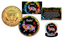 Load image into Gallery viewer, Chinese Zodiac Polychrome US JFK Half Dollar 24K Gold Plated Coin - Rabbit
