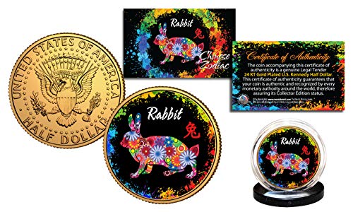 Chinese Zodiac Polychrome US JFK Half Dollar 24K Gold Plated Coin - Rabbit