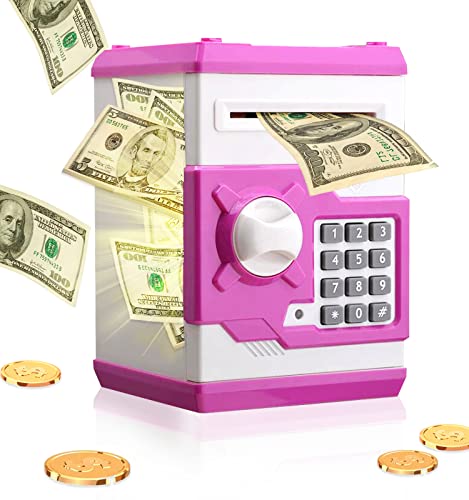 Piggy Bank Kids Money Bank Cash Coin Can, Password Electronic Safe Saving Box ATM Bank Safe Locks Smart Voice Prompt Money Piggy Box, Great Gift for Child Kid Birthday Chirstmas (Cute Pink)