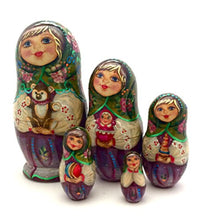 Load image into Gallery viewer, Unique Russian Nesting Dolls w/Teddybear Hand Carved Hand Painted 5 Piece Set 7.25&quot; Tall Girl with a Puppy
