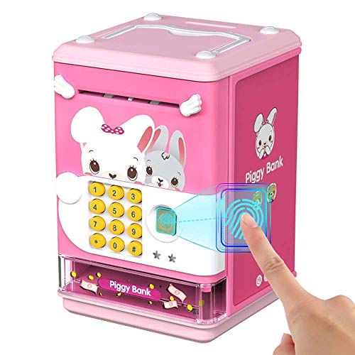 Deejoy Piggy Bank Toy Electronic Mini ATM Savings Machine with Personal Password & Fingerprint Unlocking Simulation - Music Box with Songs for Kids, Boys and Girls Age 3-8 Years (Pink)
