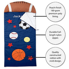 Load image into Gallery viewer, Lillian Vernon Kids Sports Print Personalized Lightweight Indoor Sleeping Bag with Detachable Pillow, Girls and Boys Bedding, Navy Blue, 30 x 60 Plus 12 inch Pillow
