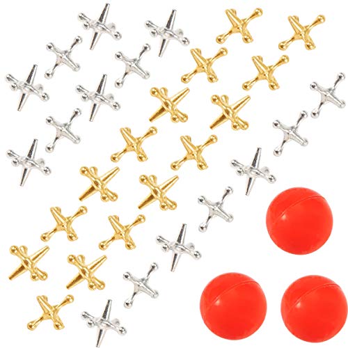 Biubee 3 Sets Retro Metal Jacks and Ball Game- 30 Pcs Gold and Silver Toned Jacks with 3 Red Rubber Bouncy Balls, Classic Game of Jacks for Party Favor, Game Prizes, Kids and Adult of All Ages