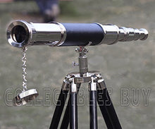 Load image into Gallery viewer, Vintage Ship Marine Chrome Nautical Brass Black Leather Telescopes Brown Tripod
