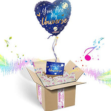 Load image into Gallery viewer, BALOONS IN THE BOX You&#39;re My Universe Inflated Helium Balloon -Heart Shaped| Customizable Greeting Card | Plays a Happy Birthday Jingle When Opened

