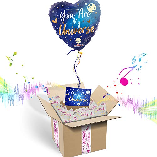 BALOONS IN THE BOX You're My Universe Inflated Helium Balloon -Heart Shaped| Customizable Greeting Card | Plays a Happy Birthday Jingle When Opened