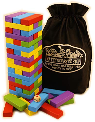 Matty's Mix-Up 60pc Large Colorful Wooden Tumble Tower Deluxe Stacking Game with Storage Bag