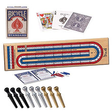 Load image into Gallery viewer, Bicycle Cribbage Board | 3-Track Color Coded Real Pine Wood Cribbage Game with Deck of Bicycle Cards and Premium Metal Cribbage Pegs
