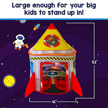 Load image into Gallery viewer, Playz 5-in-1 Rocket Ship Play Tent for Kids with Dart Board, Tic Tac Toe, Maze Game, &amp; Immersive Floor - Indoor &amp; Outdoor Popup Playhouse Set for Toddler, Baby, &amp; Children Birthday Gifts
