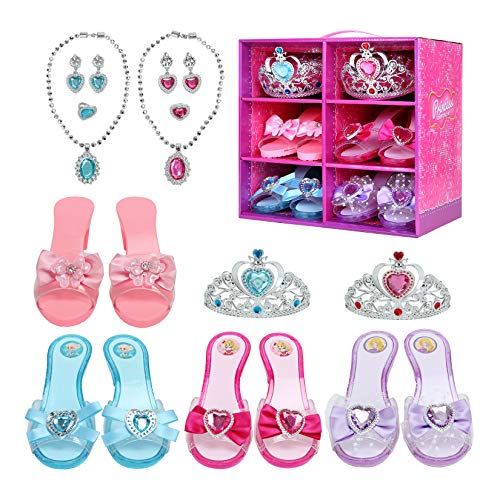 Hapgo Princess Dress Up Shoes Pretend Jewelry Boutique Fashion Accessories, Includes 4 Pairs of Shoes 2 Tiaras 2 Necklaces and Earrings for Toddler Girls Birthday Party Cosplay Costumes