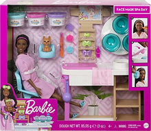 Load image into Gallery viewer, Barbie Face Mask Spa Day Playset with Brunette Barbie Doll, Puppy, 3 Tubs of Barbie Dough and 10+ Accessories to Create and Remove Face Blemishes on Doll and Puppy, Gift for Kids 3 to 7 Years Old
