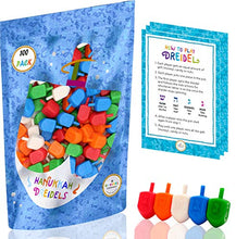Load image into Gallery viewer, Hanukkah Dreidels 100 Bulk Pack Multi-Color Plastic Chanukah Draydels With English Transliteration - Includes 3 Dreidel Game Instruction Cards
