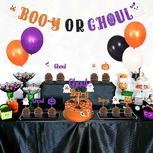 Halloween Gender Reveal Decorations Kit Boo-y or Ghoul Baby Shower Party Banner Cake Cupcake Topper Purple Orange Balloons Fall Boy Or Girl October Sex Announcement Ideas Favor Supplies