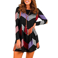 iLH Lightning Deals Swing Mini Dress,Casual Women Striped Tunic Color Block Long Sleeves Skirt Dress (Black, S)