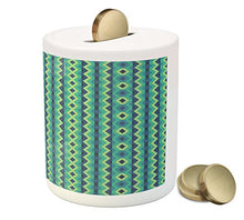 Load image into Gallery viewer, Ambesonne Chevron Piggy Bank, Vertical Borders with Zigzag Stripes Vintage Geometric Abstract, Printed Ceramic Coin Bank Money Box for Cash Saving, Dark Blue Sea Green Pale Green
