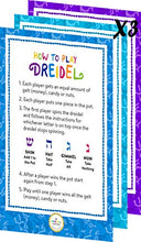 Load image into Gallery viewer, Hanukkah Dreidels Metallic Multi-Colored Draydels with English Translation - Includes 3 Dreidel Game Instruction Cards (30-Pack)
