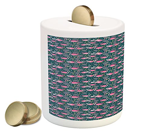 Ambesonne Flamingos Piggy Bank, Exotic Bird Pattern with Flowers Hearts and Raindrops Tropical, Printed Ceramic Coin Bank Money Box for Cash Saving, Pink Dark Green Pale Pink