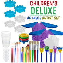 Load image into Gallery viewer, U.S. Art Supply 40-Piece Children&#39;s Art Painting Supplies and Accessories Kit - 25 Flat, Round, Foam Tipped Brushes, 4 No-Spill Paint Cups, 6 Palettes, 2 Kids Smocks, 3 Table Cloths - Fun School Craft
