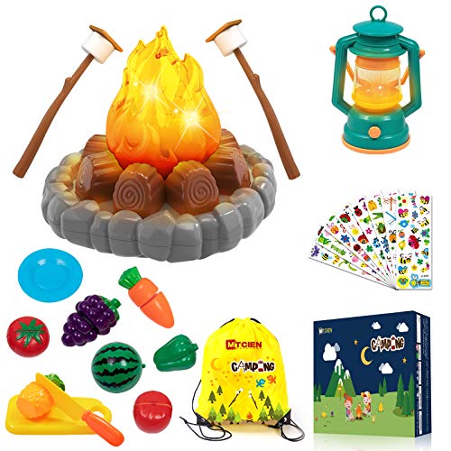 MITCIEN Camping Toys Play Set, Pretend Campfire, Play Food for Kids with Oil Lantern, Pretend Fruits Vegetables Cutting, S'Mores, Indoor Outdoor Toys for Toddler