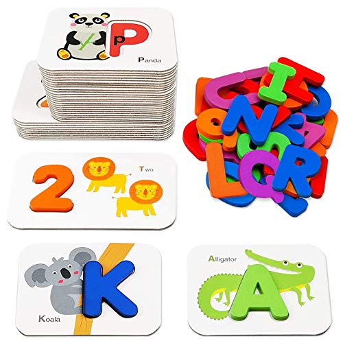 Gojmzo Number and Alphabet Flash Cards for Toddlers 3-5 Years, ABC Montessori Educational Toys Gifts for 3 4 5 Year Old Preschool Learning Activities, Wooden Letters Animal Flashcards Puzzle Game