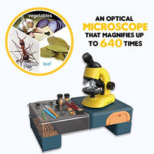 Load image into Gallery viewer, Moonshotjr Moonscope - Optical Microscope for Kids, 40X 100X 640X High Magnification, Beginner Microscope, STEM Kit | Rotating Head, Desk Box, Mobile Holder Kit for Scientific Experiment (Yellow)
