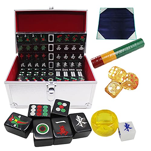 Mahjong Set, 144 Black Tiles Standard Size Tiles and Vinyl Case, with Wind Indicator, A Set of Chips, 3 Dice, Artificial Leather Table Cover, Carry Box (for Chinese Style Game Play)
