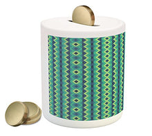 Load image into Gallery viewer, Ambesonne Chevron Piggy Bank, Vertical Borders with Zigzag Stripes Vintage Geometric Abstract, Printed Ceramic Coin Bank Money Box for Cash Saving, Dark Blue Sea Green Pale Green
