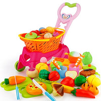 Sotodik 31PCS Cutting Toys Shopping Cart Toys Pretend Food Fruits Vegetable Playset Educational Learning Toy Kitchen Play Food for Boy Girl Kid (Red)