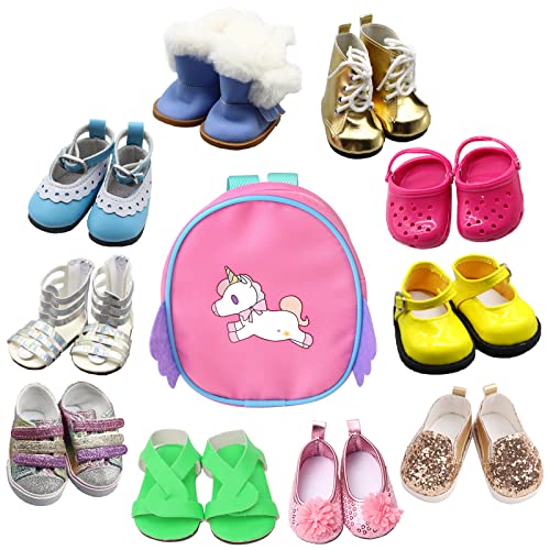 SOTOGO 10 Pairs of 18 Inch Doll Shoes and Doll Backpack Bag Fits for American 18 Inch Doll Include Boots Sandals Leather Shoes