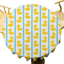 Load image into Gallery viewer, Rubber Duck Tablecloth - 55 Inch Round Tablecloth Dinner Yellow Duckies with Blue Stripes and Small Circles Baby Nursery Play Toys Pattern Easy to Care White
