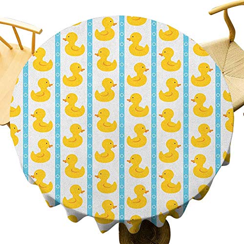 Rubber Duck Tablecloth - 55 Inch Round Tablecloth Dinner Yellow Duckies with Blue Stripes and Small Circles Baby Nursery Play Toys Pattern Easy to Care White