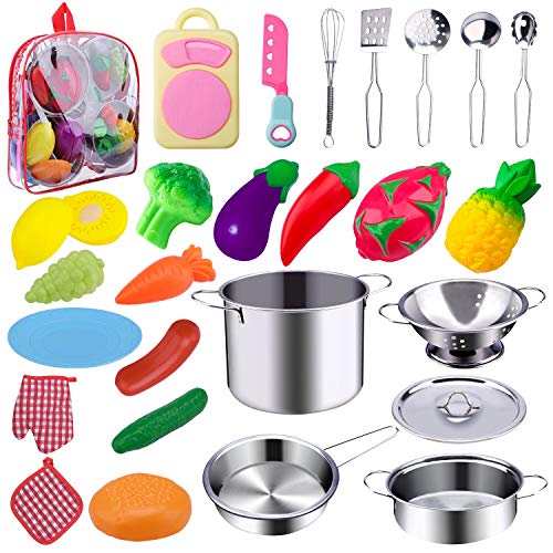 WAASII 26 Pcs Kitchen Pretend Play Accessories Toys with Stainless Steel Cookware Pots and Pans Set,Cooking Utensils and Healthy Cutting Play Food Set Gifts Learning Tool for Kids Girls Boys
