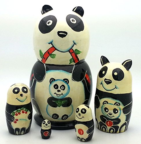 Panda Nesting Dolls Russian Hand Carved Hand Painted 5 Piece Matryoshka Set