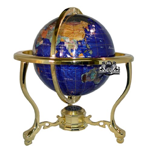 Unique Art 13-Inch Tall Bahama Blue Pearl Swirl Ocean Table Top Gemstone World Globe with Gold Tripod