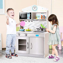 Load image into Gallery viewer, Fireflowery Kids Kitchen Playset, Wooden Cookware Toy Set w/Removable Sink, Microwave, Pegs on The Wall, Top Display Shelf, Pretend Kitchen for Toddler (Silver)
