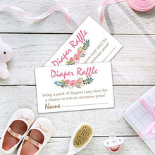 Load image into Gallery viewer, Pink Flowers Diaper Raffle Tickets for Baby Shower Invitation Inserts - 50 Baby Shower Game Cards.
