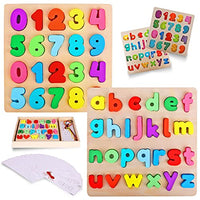 Alphabet Number Puzzles & Flash Cards  with Lacing Beads and Threads - Preschool Educational Learning Montessori Toys Toddlers, Kids  ABC Letter, Number, Word, Flashcards Wooden Activities Games