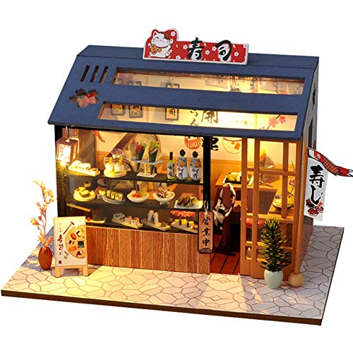 XLZSP DIY LED Lights Miniature Dollhouse Kit Street Shop Doll House Model Wooden Furniture for Valentine's Day Creative Gifts (Sushi)