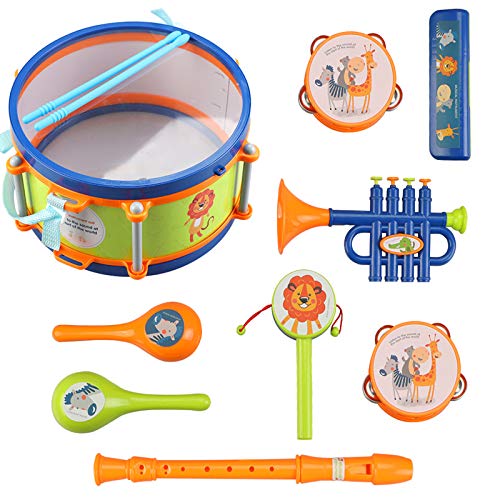 Aomola Toddler Musical Instrument Toys, Kids Drum Set, Percussion, Maraca, Tambourine, Flute, Harmonica, Trumpet, Rattle, Educational Musical Toys Kit, Learning Gift for Boys Girls